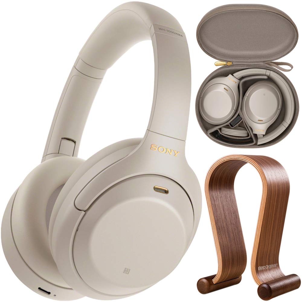 Paquete de Auriculares Inalámbricos Sony WH1000XM4/S de Supresión de Ruido Premium para Colocar Sobre la Oreja con Soporte de Exhibición de Madera Deco Gear y Estuche de Transporte Protector