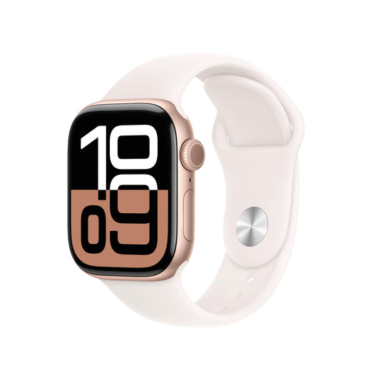 Apple Watch Serie 10 [GPS caja de 42mm] Smartwatch con Caja de Aluminio en Oro Rosa y Correa Deportiva Color Rosa Claro - Talla S/M. Monitor de Actividad, Aplicación ECG, Pantalla Retina Siempre Activa, Resistente al Agua