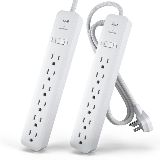 Regleta de Protección Contra Sobretensiones KMC de 6 Tomas y 4 pies de Cable, Paquete Doble, 1080J Protector de Sobretensiones, Cable de Extensión Trenzado de 4 Pies de Largo Con Múltiples Tomas, Protector de Sobretensiones de 6 Salidas con Enchufe Plano