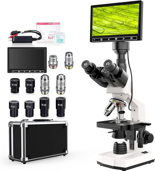 Microscopio Compuesto Trinocular de Laboratorio con Ampliación de 40X-2500X Microscopio Doble Vista para Adultos Niños Estudiantes con Pantalla de 7’’ Incorporada en Cámara de 5MP Doble Iluminación Condensador Abbe (Blanco)