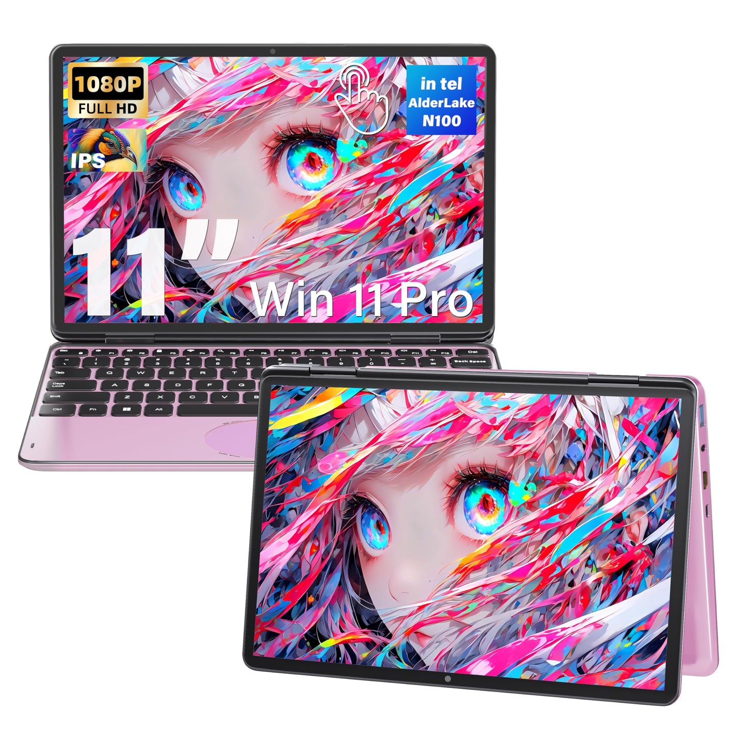 Svikou Laptop Convertible Rosa de 11" con Pantalla Táctil 2-en-1 para Negocios y Estudiantes, CPU Intel N100, 16GB DDR4 RAM, 1TB SSD, FHD 1920 * 1200 IPS, Win 11 Pro PC, Teclado Retroiluminado, WiFi Tipo-C, HDMI, Trackpad Ovalado