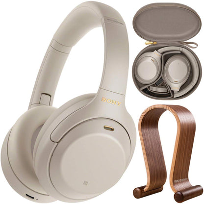 Paquete de Auriculares Inalámbricos Sony WH1000XM4/S de Supresión de Ruido Premium para Colocar Sobre la Oreja con Soporte de Exhibición de Madera Deco Gear y Estuche de Transporte Protector